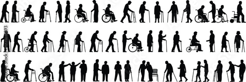 Elderly people silhouettes, seniors using walking sticks, wheelchairs, walkers, assisted living, caregiver support, mobility aid, aging population, healthcare, rehabilitation, senior care