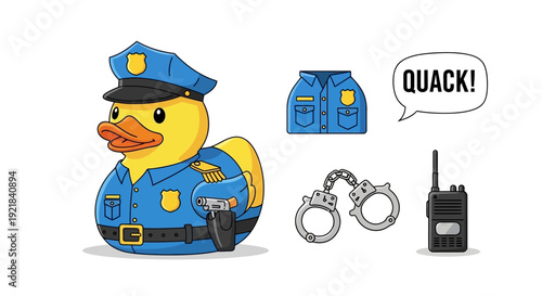 Rubber duck dressed as police officer with accessories.
