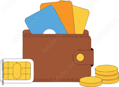 Mobile Finance Outline Icons Wallet, Cards, Coins, and SIM Card