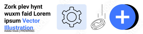Gear icon for process, coin for finance and investment, plus symbol for addition or growth. Ideal for business, technology, strategy, innovation, finance, teamwork and simple landing page