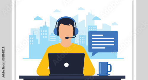 Customer support operator working on laptop with headset illustration