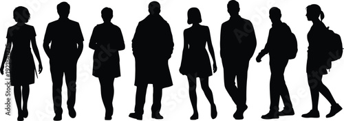 Silhouettes of nine people standing and walking in various poses against a white background black