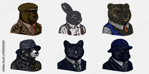 Anthropomorphic animal heads wearing formal human clothing are displayed