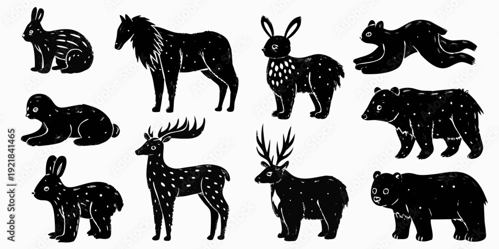 Obraz premium Black silhouettes of various animals including bears deer and rabbits