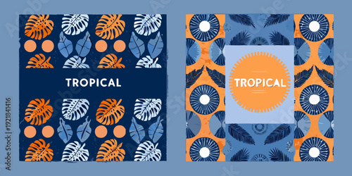 Two tropical patterned card templates with monstera and palm leaves