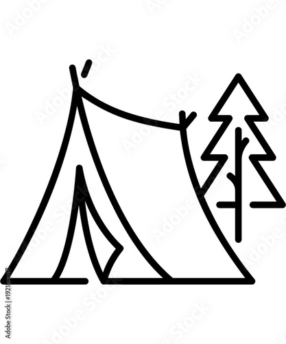 Simple camping icon with tent and pine tree in black outline