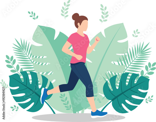 Woman jogging in park with tropical leaves background illustration