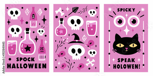 Foto A triptych of spooky halloween themed illustrations in pink and black