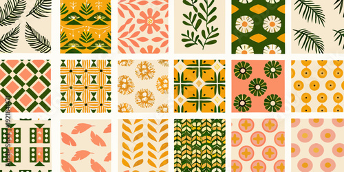 A colorful grid of repeating botanical and geometric patterned tiles