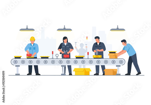 Assembly Line Workers Manufacturing Products on a Conveyor Belt in a Factory