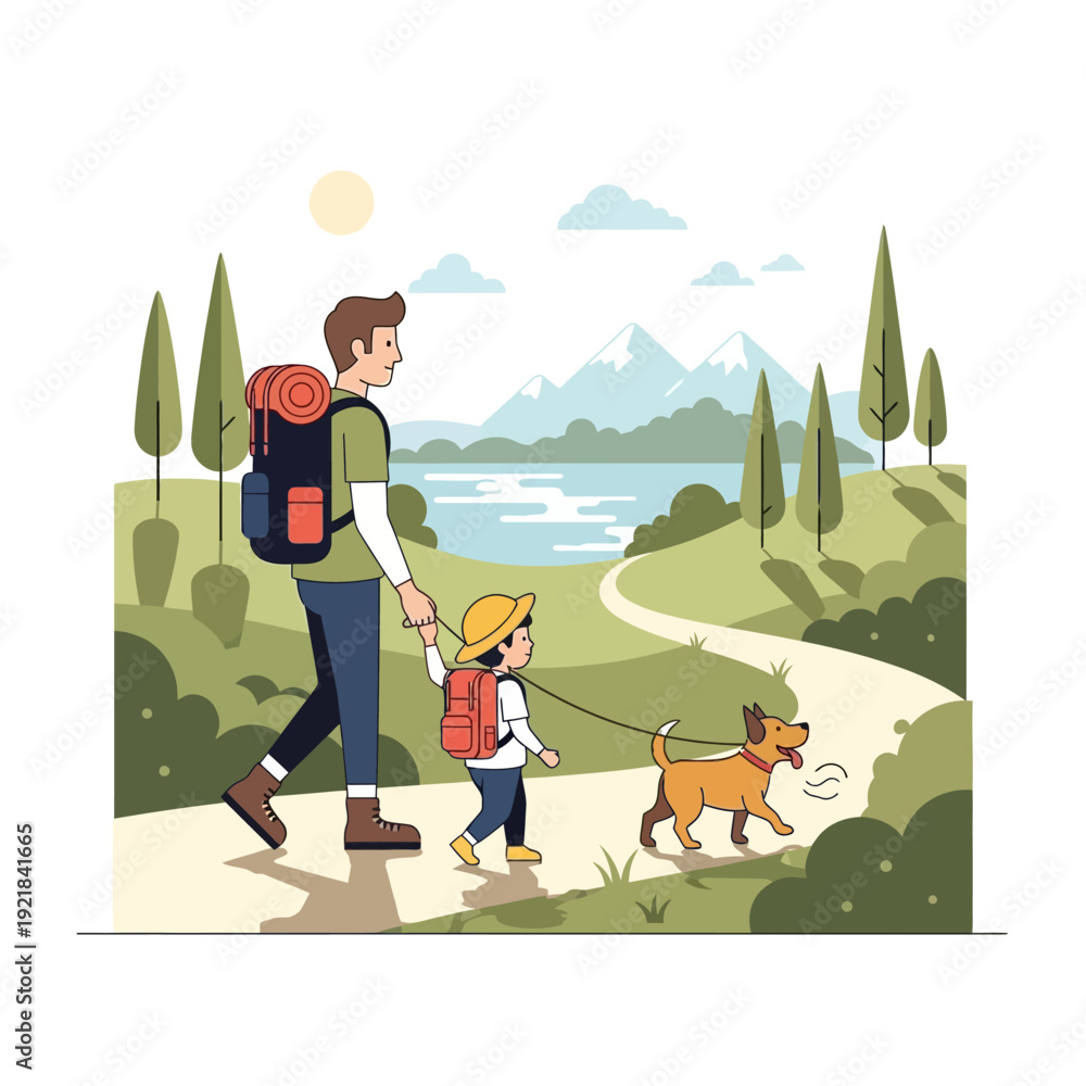 Fototapeta premium Father and child hiking with dog on scenic mountain trail