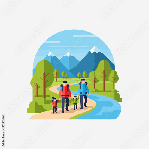 Family hiking in mountains with backpacks, walking on a path by a river.