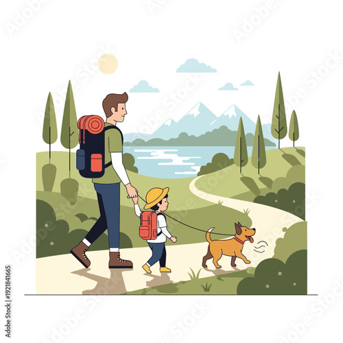 Father and child hiking with dog on scenic mountain trail