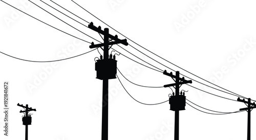 Electric power poles silhouette illustration, black and white utility lines, overhead transmission wires, industrial infrastructure vector art
