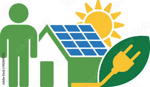 Renewable Energy Outline Illustration  Man Next to Solar Panelled House with Leaf Symbol