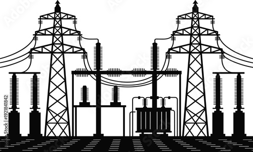 Electric power substation silhouette with high voltage pylons, transformers, insulators, transmission lines, grid infrastructure, energy distribution system, industrial utility design