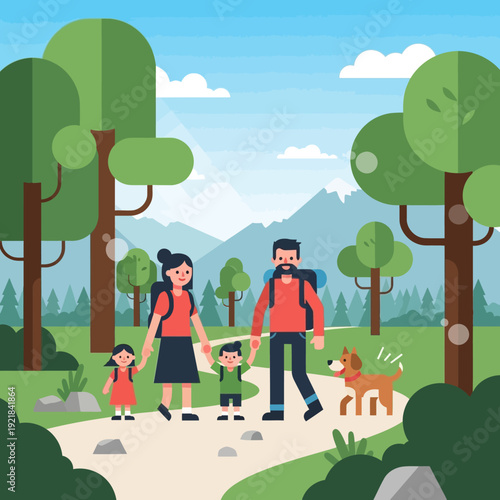 Family Hiking Adventure in Nature: Parents and Kids with Dog on Forest Trail