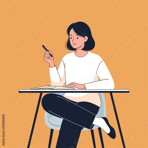 Young Woman Studying at Desk with Book and Pen