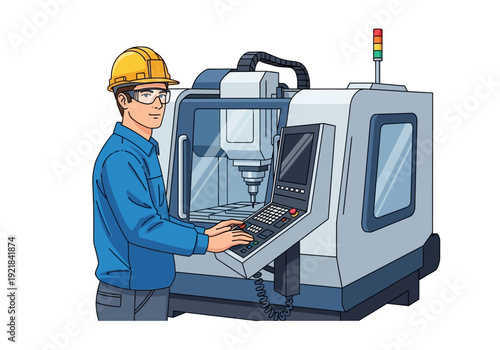 Cartoon Engineer Operating a CNC Milling Machine with Safety Gear