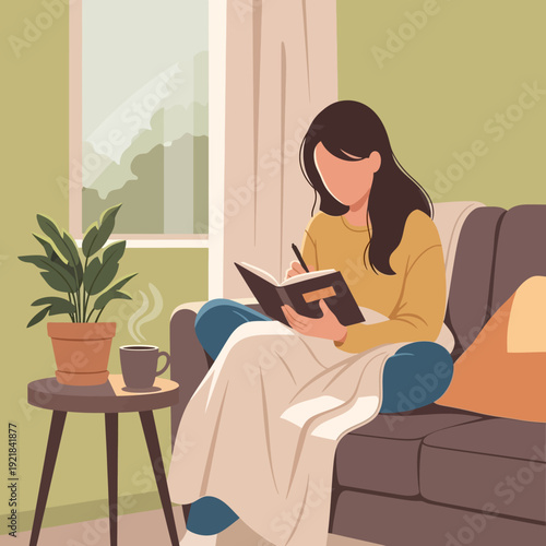 Cozy Woman Writing in Journal on Sofa with Coffee and Plant