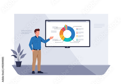 Man Presenting Colorful Pie Chart on Screen
