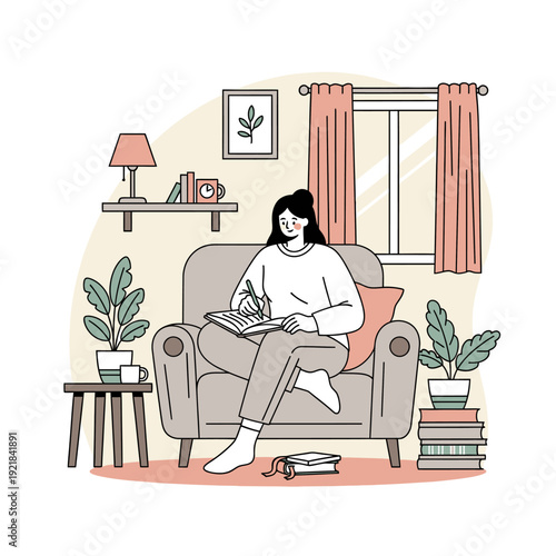 Woman writing in a journal while sitting comfortably in an armchair at home