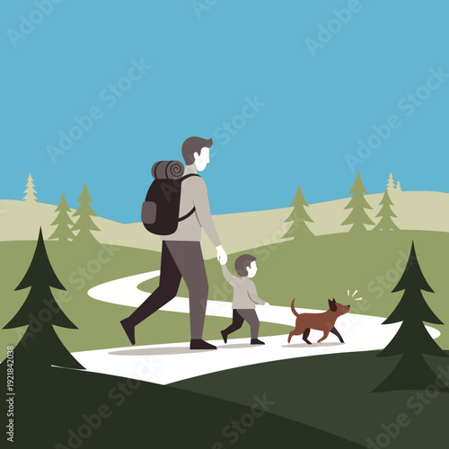Father, Son, and Dog Hiking on a Winding Path in a Forest