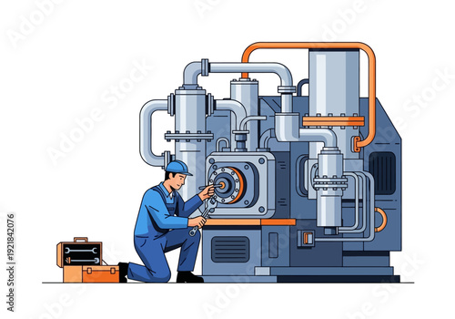 Cartoon Mechanic Repairing Industrial Machine with Wrench and Toolbox