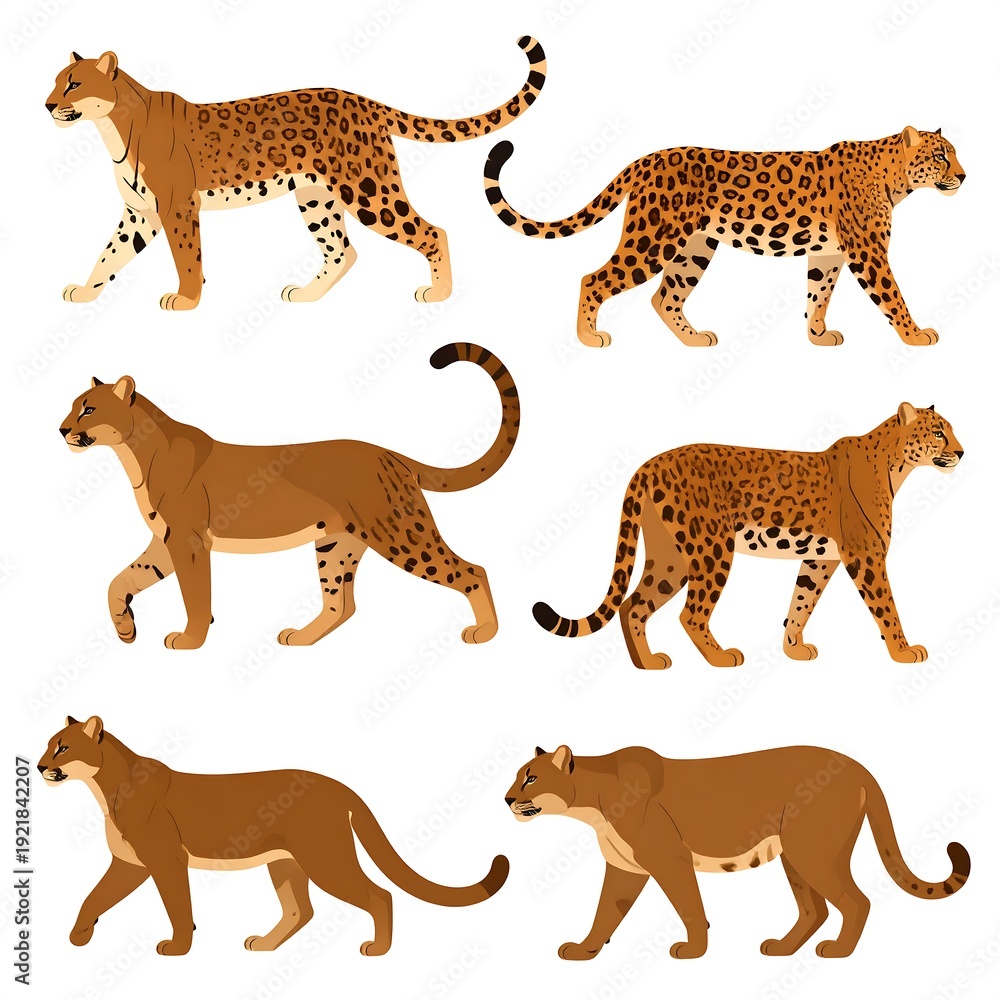 Fototapeta premium Several big cats in various poses walking, with spotted or solid coats, isolated on white background