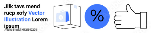 Business analytics, approval process, marketing campaigns, branding elements, data analysis, financial metrics. A percentage sign, thumbs-up icon and 3D box are . Business analytics and approval