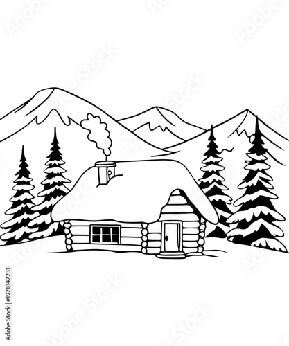 Cozy log cabin in snowy mountain landscape with pine trees