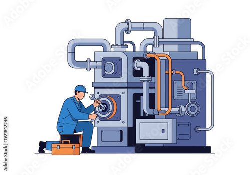 Cartoon Mechanic Repairing Industrial Machine with Wrench and Toolbox