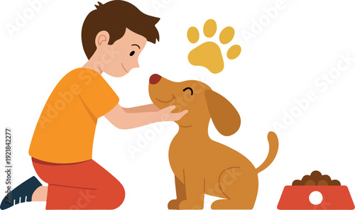 Pet Care Outline Illustration Young Person Petting Dog with Food Bowl