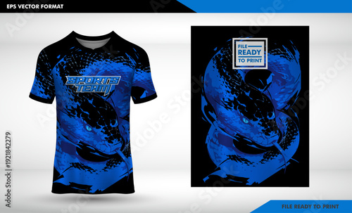 Dynamic Blue and Black Sports Jersey Design with Aggressive Stylized Snake Head Graphic, Ideal for Team Uniforms