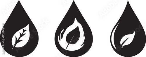 A hand-drawn water drop with a small leaf inside. Collection set of Eco leaf drop icons set vector silhouette