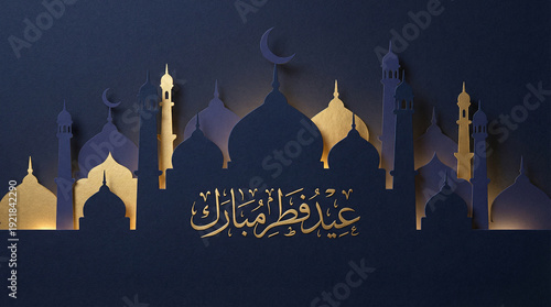Midnight Blue Layered Skyline Paper Cut Eid Fitr Mubarak - عيد فطر مبارك