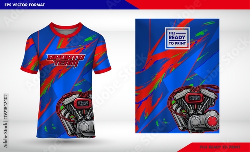 Dynamic Blue Sports Jersey Design with Vibrant Abstract Paint Splatters, a Bold sports Team Logo, and a Detailed V twin Motorcycle Engine Graphic