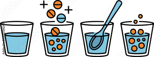 Steps for preparing a refreshing fizzy drink with powdered mix and water in a simple vector illustration