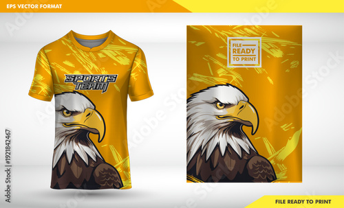 Dynamic Sports Team Jersey Design with Fierce Bald Eagle Mascot Illustration on a Bold Yellow and Gold Abstract Grunge Background, Vector Format Ready for Print
