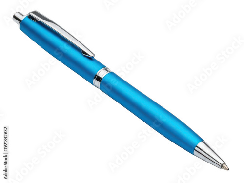 A blue pen with silver accents on a white background