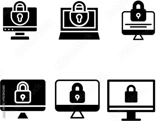 Six black and white icons depicting computer monitors and laptops with padlocks on their screens, symbolizing digital security and data protection.