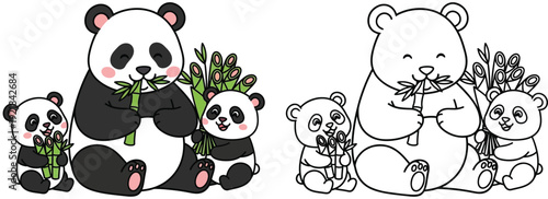 Adorable Pandas and Their Offspring Eating Bamboo Vector Illustration for Children's Coloring Pages and Nursery Decor in Color and Black and White Line Art