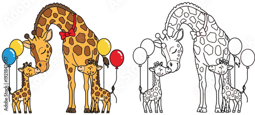 Photography Lovely Vector Illustration of a Giraffe Family with Baby Giraffes and Balloons f