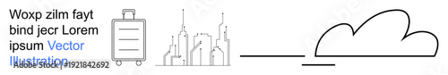 Travel planning, urban exploration, tourism, vacation, transportation, minimalism. A suitcase, skyline and cloud in a clean line art style. Travel planning and urban exploration