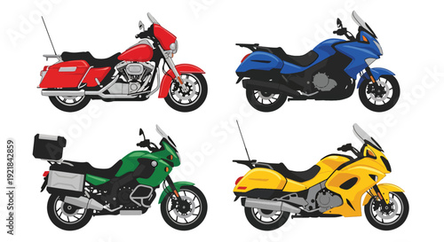 Flat vector collection of cruiser, touring and adventure motorcycles in side view featuring modern travel motorbikes isolated on white background, transportation vehicle set illustration