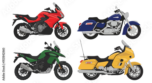 Flat vector collection of cruiser, touring and adventure motorcycles in side view featuring modern travel motorbikes isolated on white background, transportation vehicle set illustration