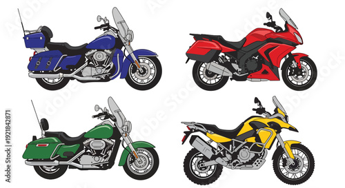 Flat vector collection of cruiser, touring and adventure motorcycles in side view featuring modern travel motorbikes isolated on white background, transportation vehicle set illustration
