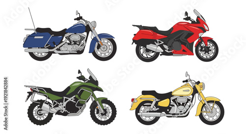 Flat vector collection of cruiser, touring and adventure motorcycles in side view featuring modern travel motorbikes isolated on white background, transportation vehicle set illustration