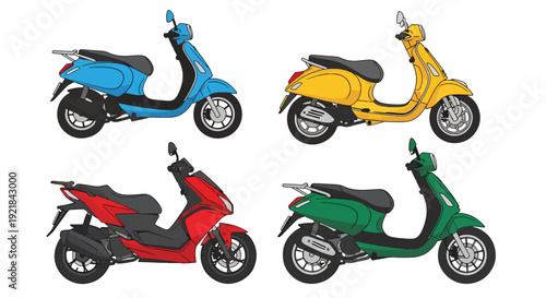 Flat vector collection of modern scooters and urban motorbikes in side view featuring city transportation vehicles isolated on white background, mobility and delivery concept illustration