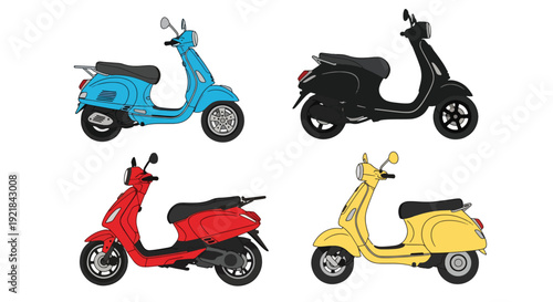 Flat vector collection of modern scooters and urban motorbikes in side view featuring city transportation vehicles isolated on white background, mobility and delivery concept illustration